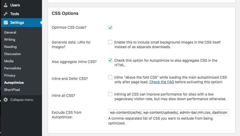 Autoptimize option to inline all of the CSS