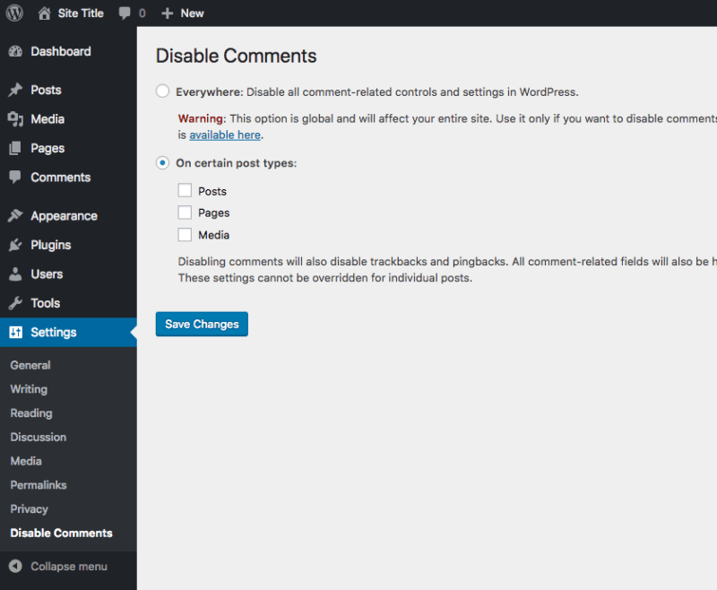Disable Comments Settings